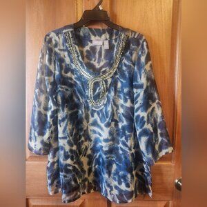 Chico's Blue and Cream Patterned Blouse with Bead Accents